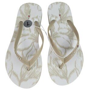 Tommy Hilfiger Flip Flop Sandals Women's  7 Thong White Beige Floral Logo Casual
